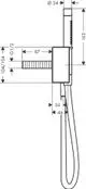AXOR Edge Portereinheit mit Stabhandbrause und Brauseschlauch in Chrom, schematische Darstellung mit Maßangaben und Anschlussdetails.